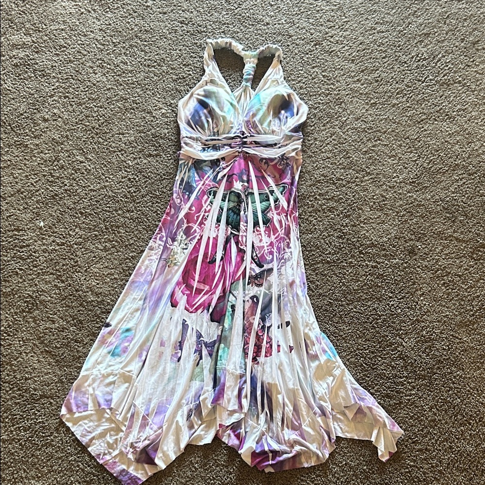 Halter Floral Print Handkerchief Hem Dress - Pastel Pink & Purple